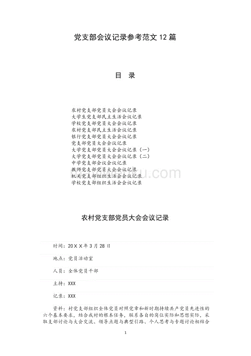黨支部會議記錄參考范文12篇